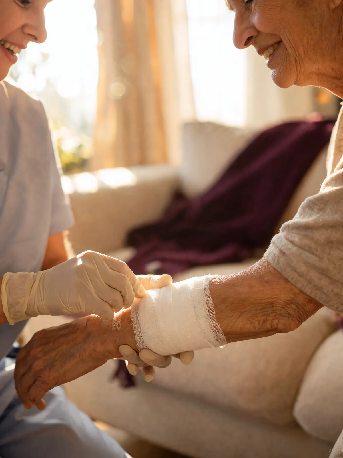 A nurse's hands gently wrap gauze around a patient's arm
