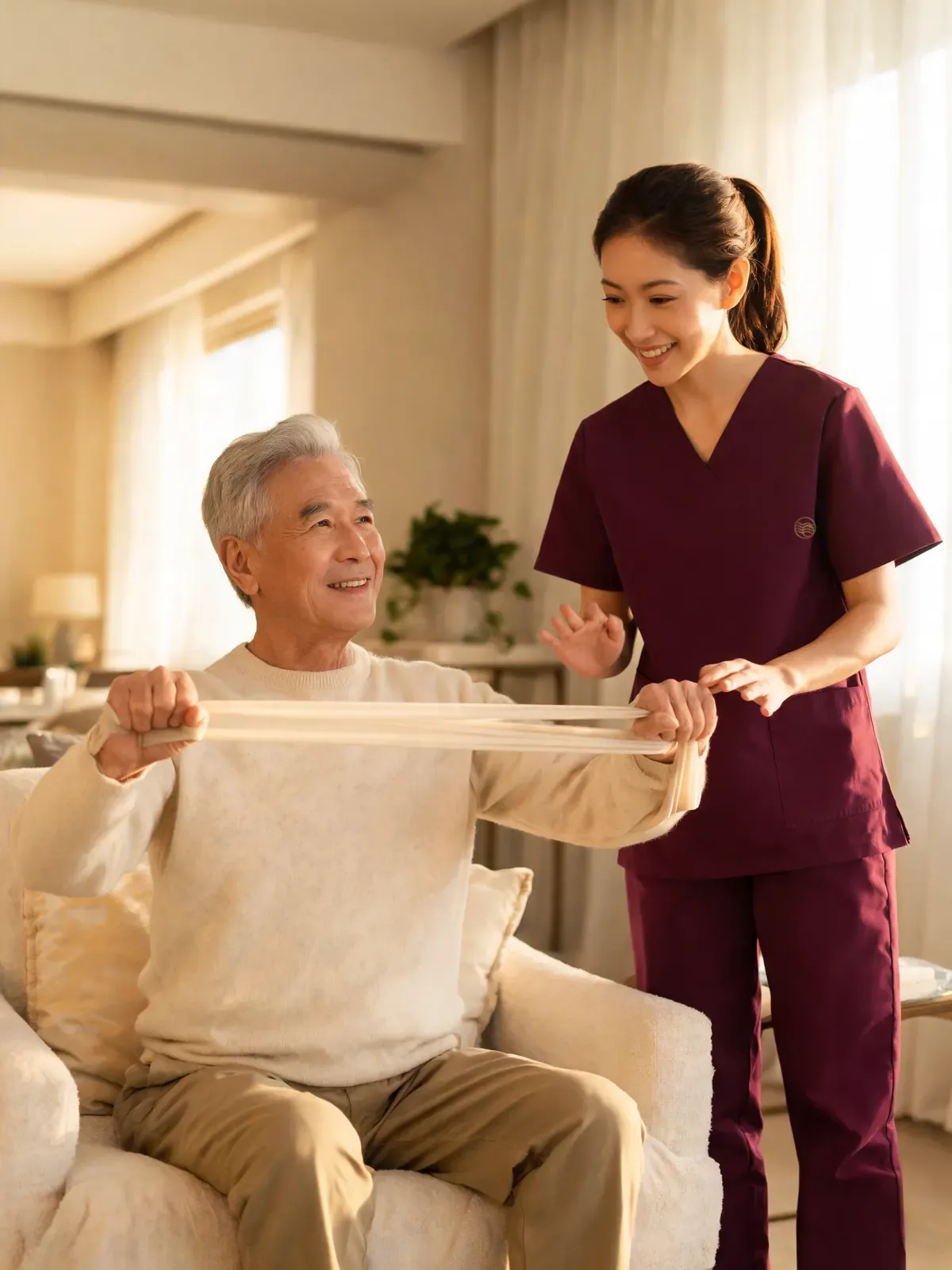 An older man exercises with a resistance band, guided by his therapist