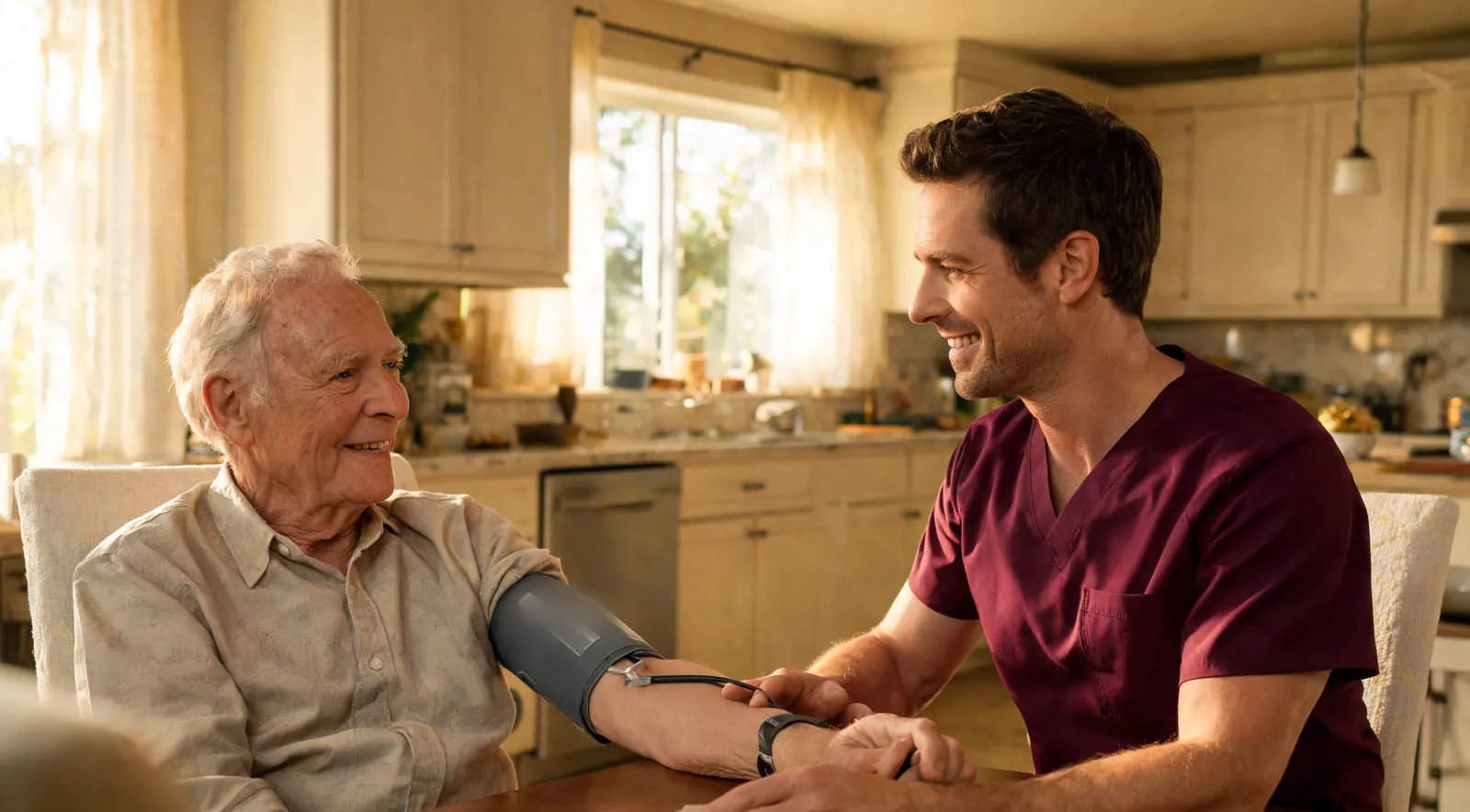 A nurse checks an older man's blood pressure at his kitchen table; both are smiling
