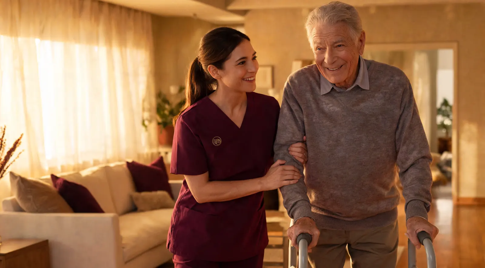 A therapist steadies a smiling older man walking with his walker in the living room