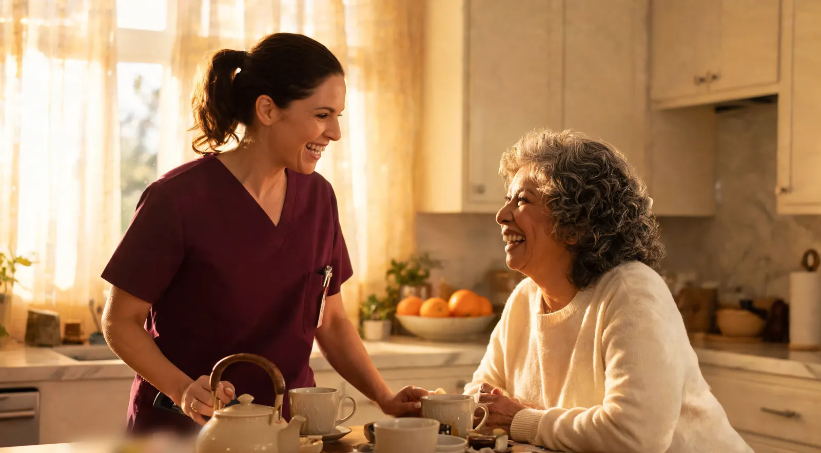 A caregiver and an older woman laugh together while making tea in a bright kitchen