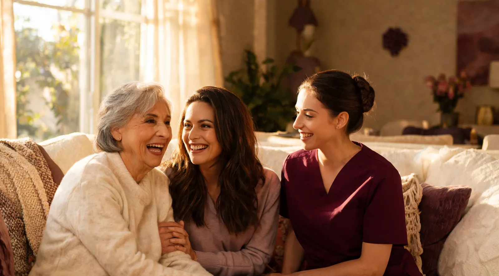 A caregiver sits on the sofa with an older woman and her daughter; all three are laughing
