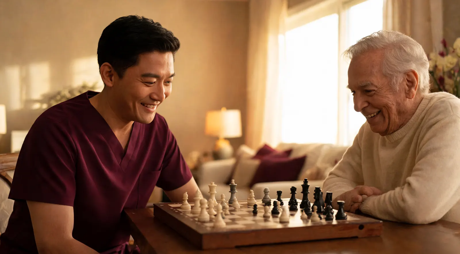 An older man smiles over a game of chess with his caregiver