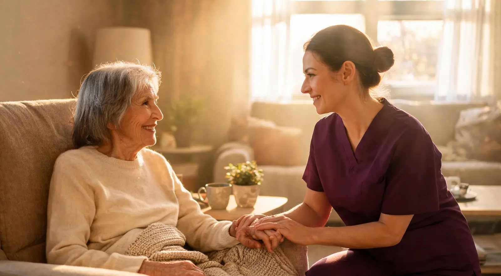 A nurse sits close beside an older woman resting in her armchair, holding her hand