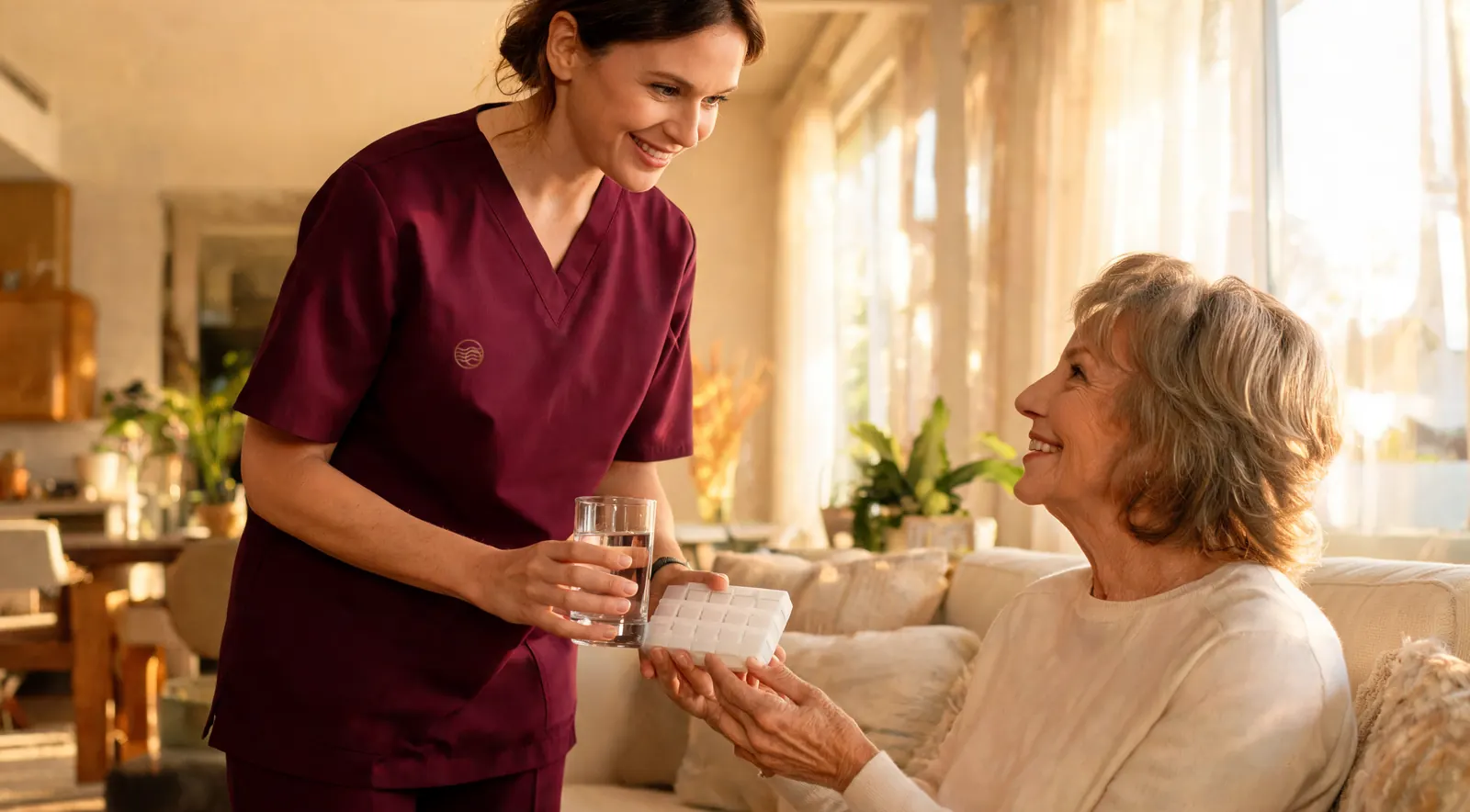 A caregiver hands an older woman her pill organizer and a glass of water