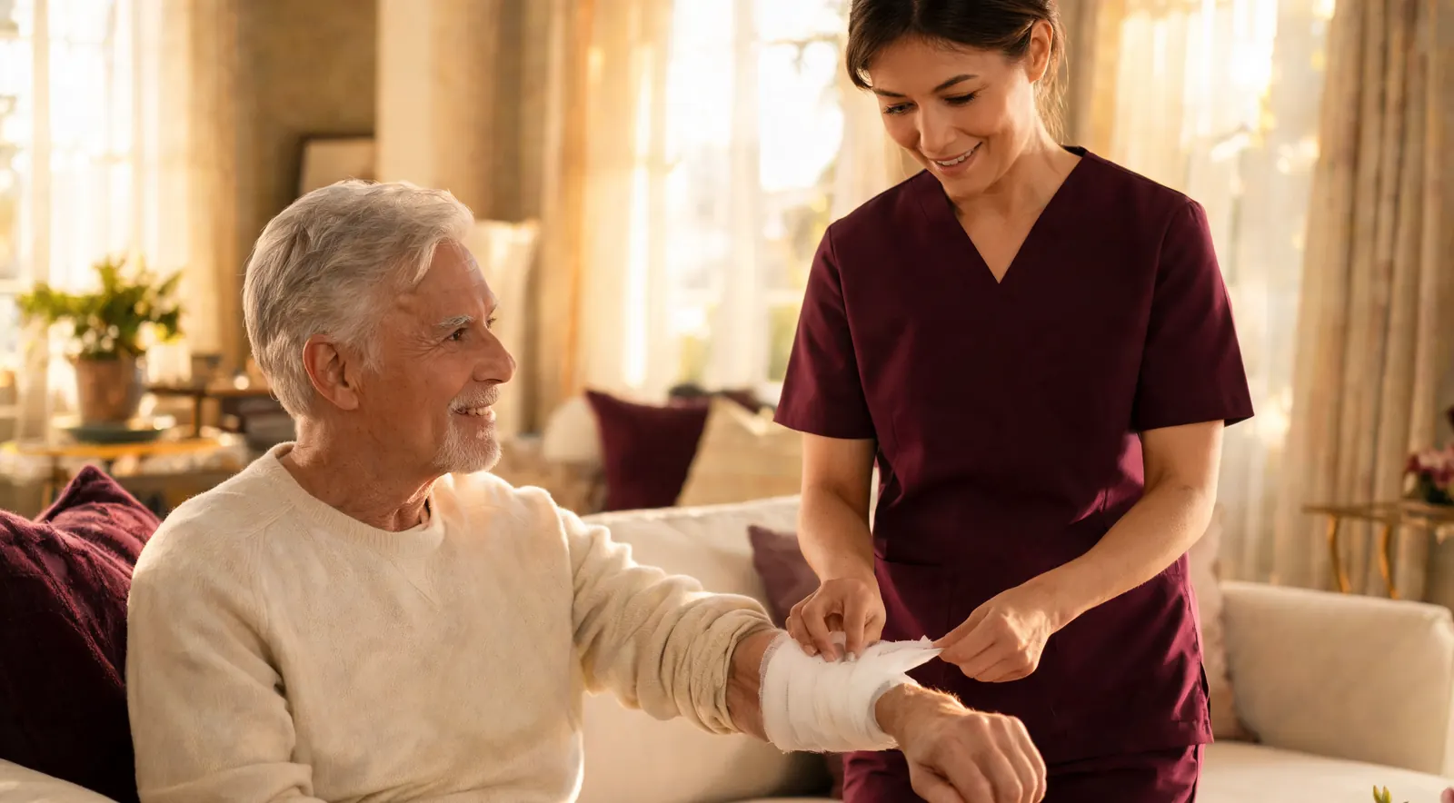 A nurse changes the gauze dressing on a seated older man's forearm at home